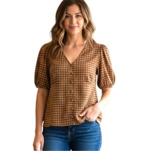 Gingham Brown Reitmans Checkered Puff Sleeve Cottagecore Boho Top Size Medium